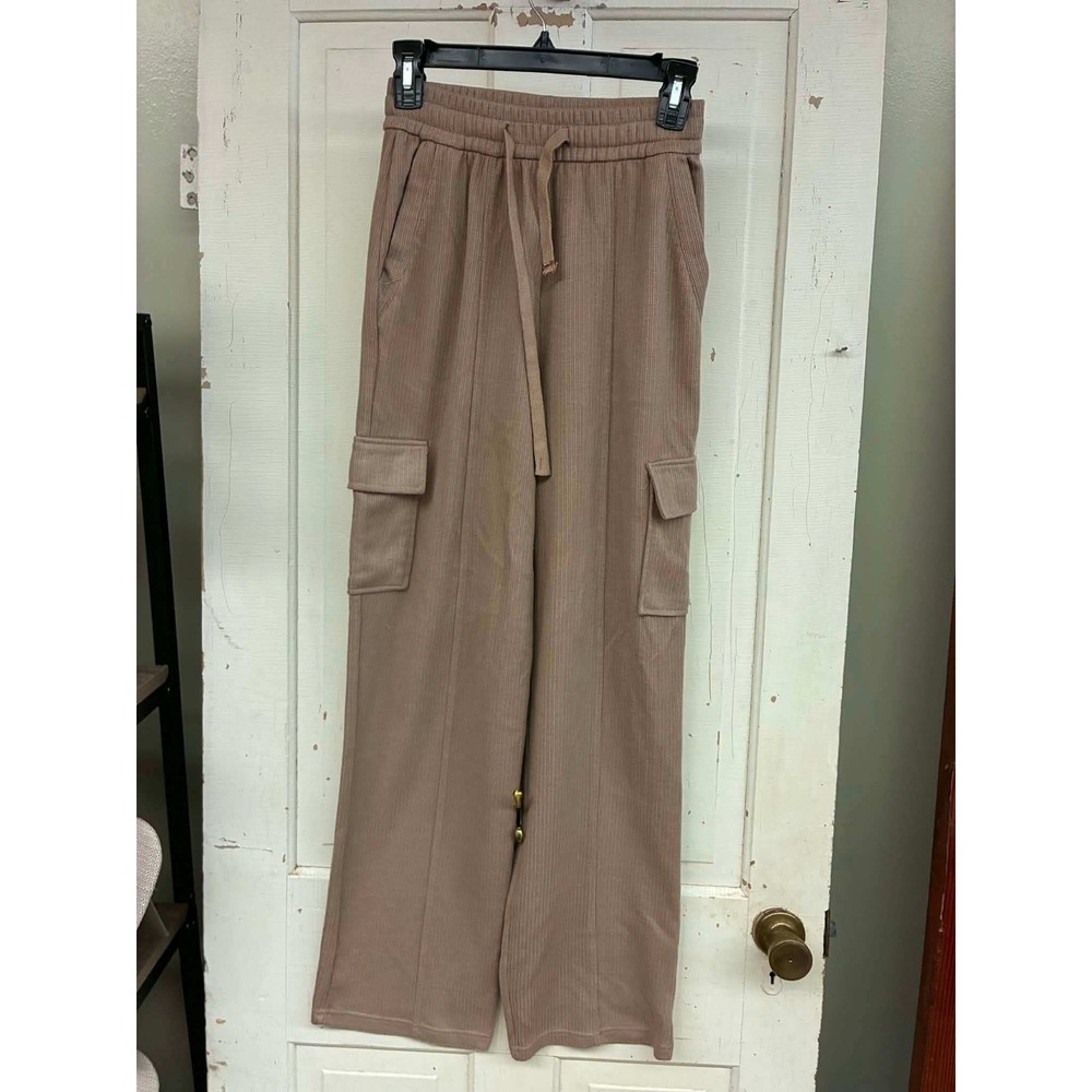 Size Small Womens Ribbed Knit Cargo Pants Taupe Brown Wide Leg Drawstring